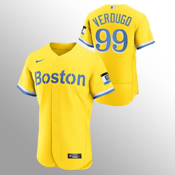Men's Boston Red Sox #99 Alex Verdugo Gold MLB 2021 City Connect Flex base Stitched Jersey